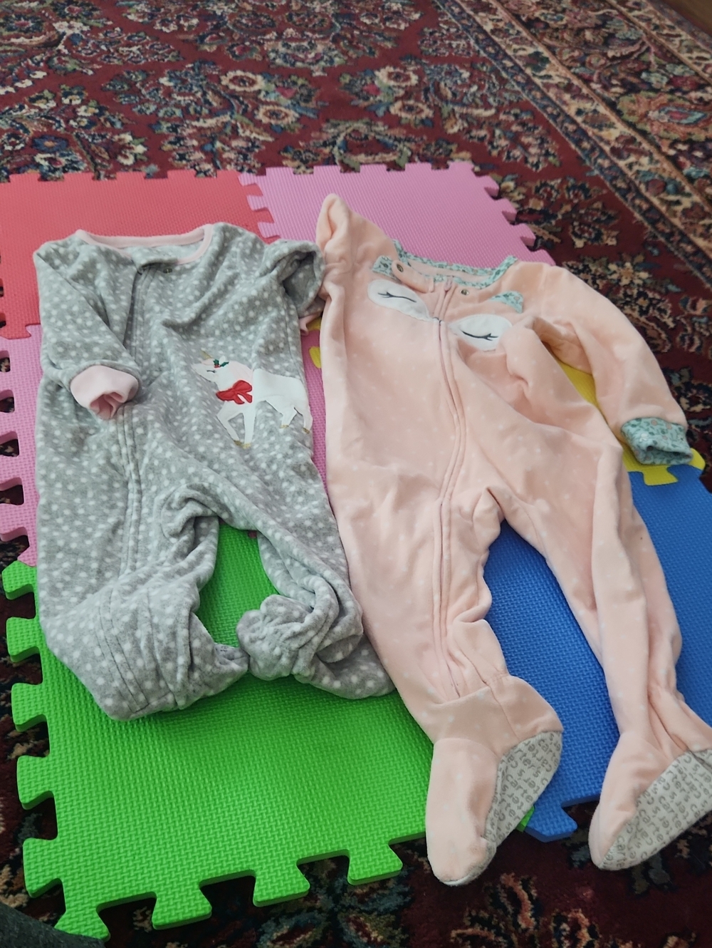 Carter's Pink & Gray Footed One-Piece Pajamas - Animal Motifs